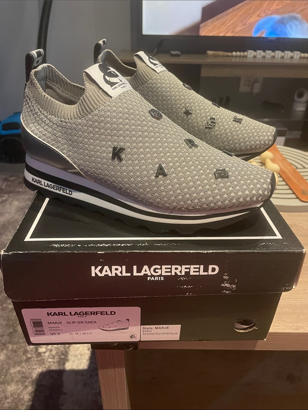 Karl Lagerfeld Grey Knit Slip-On Sneakers with Black Accents